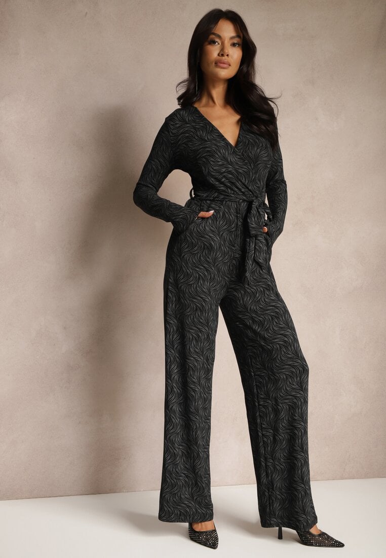 Salopetă Neagră Petrecută din Viscoză cu Curea, Cusută cu Fir Metalic Heladi