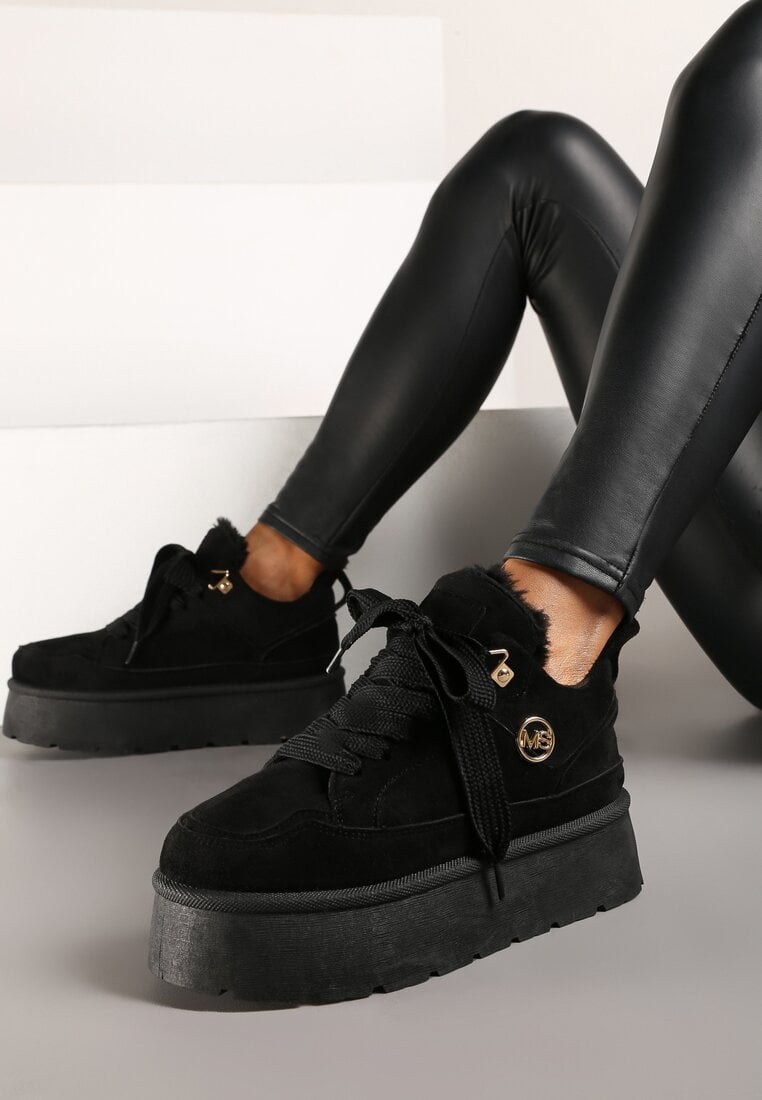 Adidași Negri din velur ecologic cu talpă groasă căptușiți cu blană Senavel