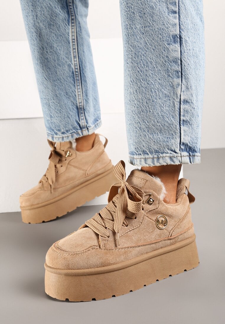 Sneakers Bej închis din piele intoarsă ecologică pe talpă groasă căptușite cu blană Senavel