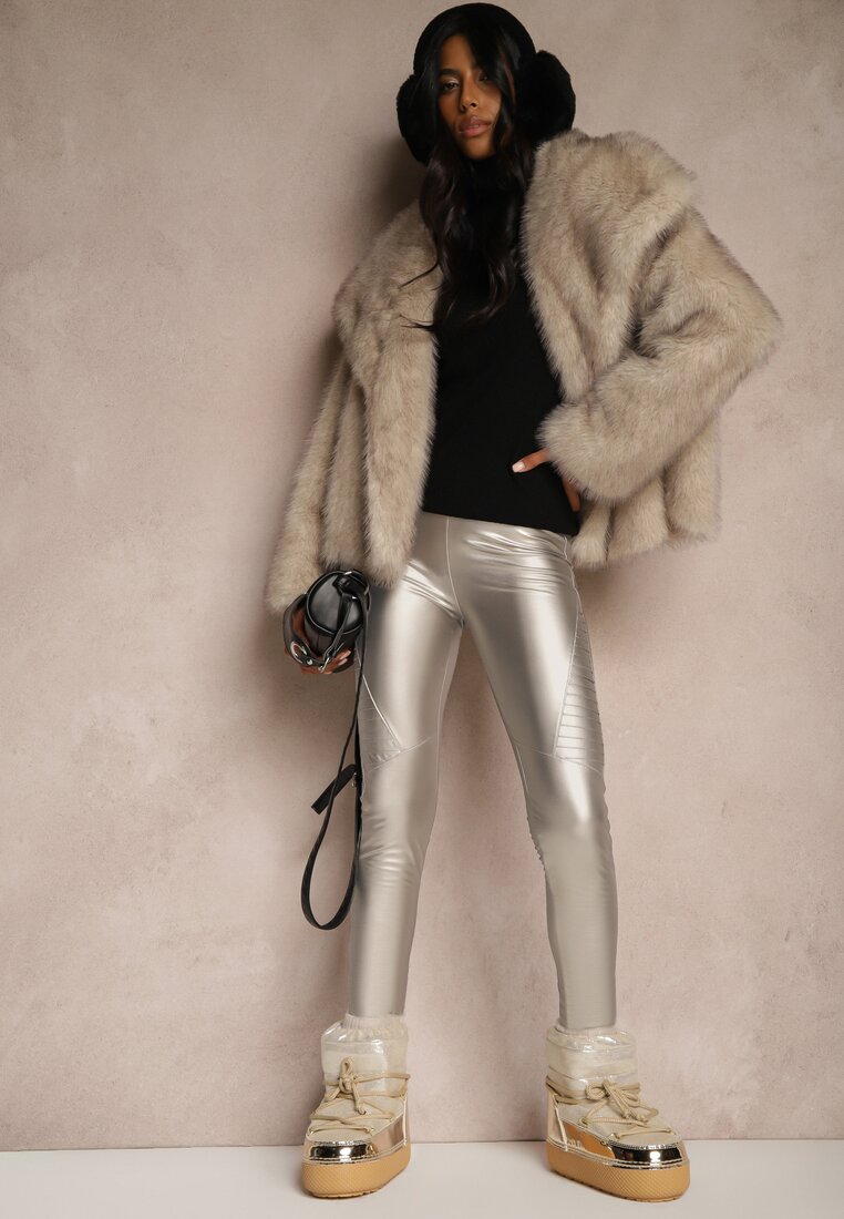 Pantaloni Argintii de Piele Ecologică Skinny High Waist Căptușiți cu Fleece Lavimi