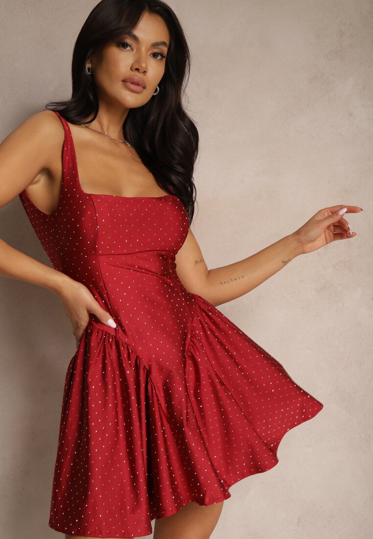 Rochie Bordeaux Decorată cu Circonii cu Fundă și Cupe Întărite Jesaltia