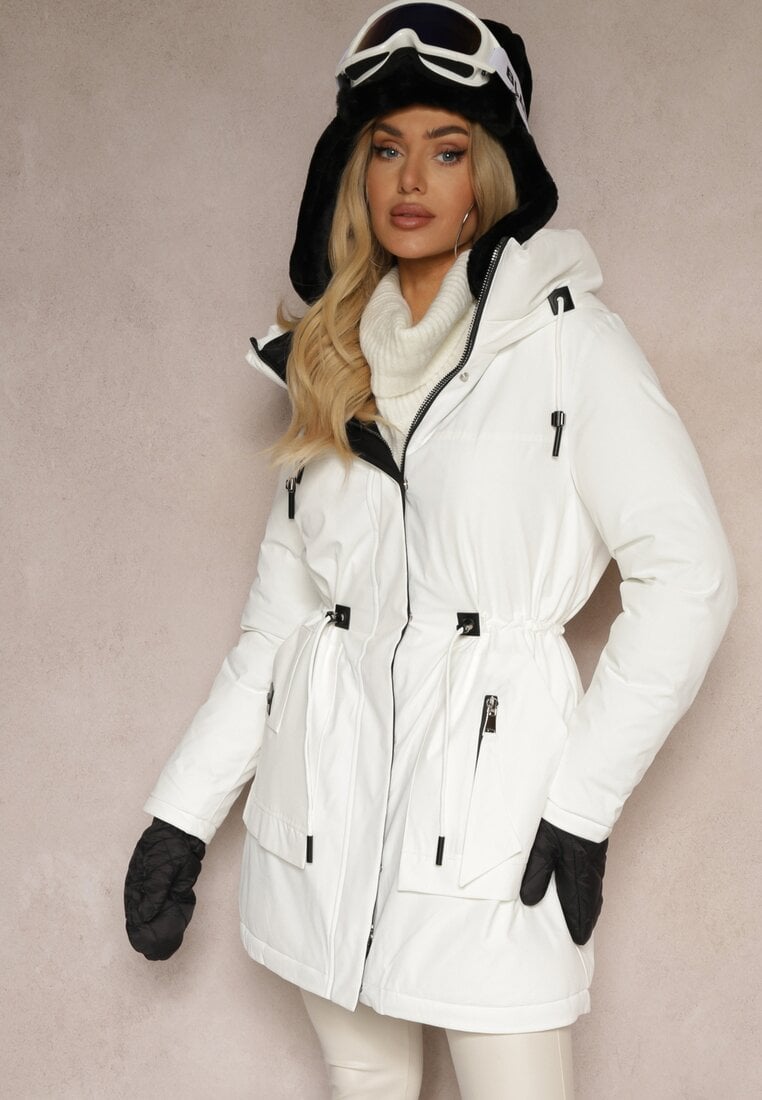 Jachetă Albă Stil Parka cu șnur elastic și Glugă Semelora