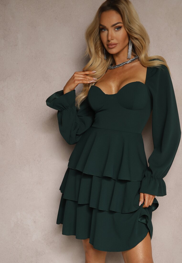 Rochie Verde închis cu croială cloș, cu volane și mâneci bufante Semiella