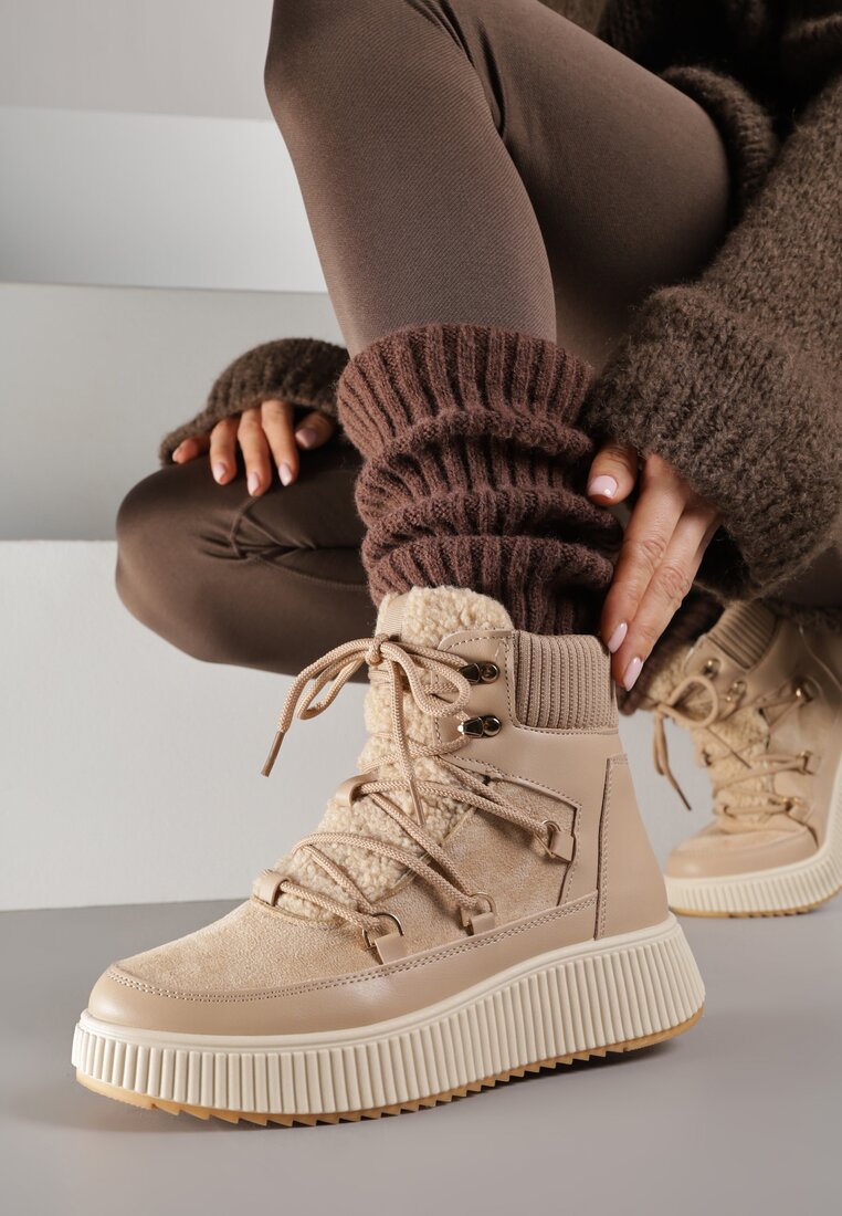 Ghete de zăpadă bej închis tip trappers Vices cu talpă plată, cu blană stil miel și cu șireturi Temirits