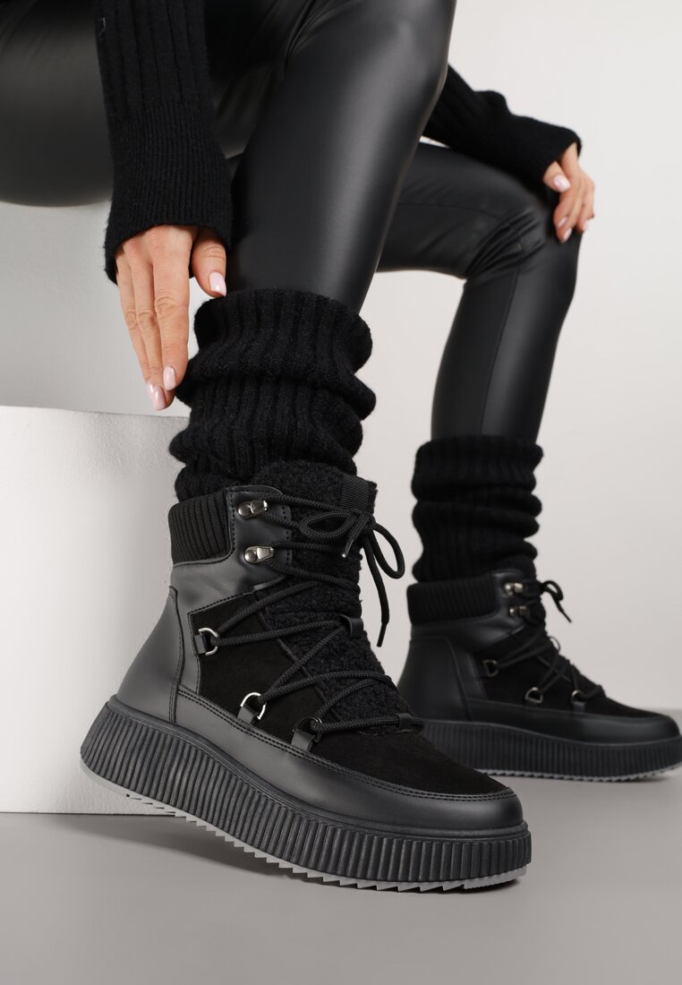 Bocanci de iarnă Negri Vices pe talpă plată cu blană în stil de miel cu șireturi Temirits