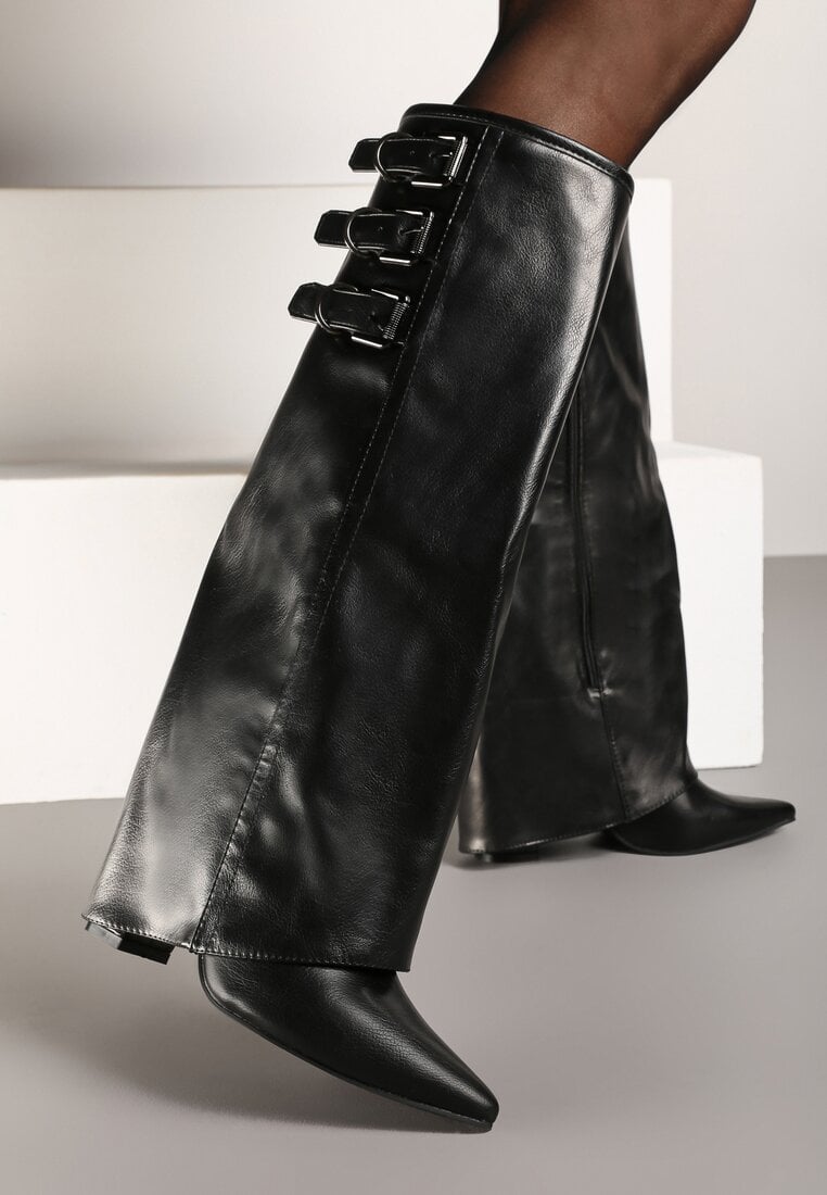 Cizme Negre cu Toc Gros, cu Carâmb Întors, cu Catarame și Curele Renniel