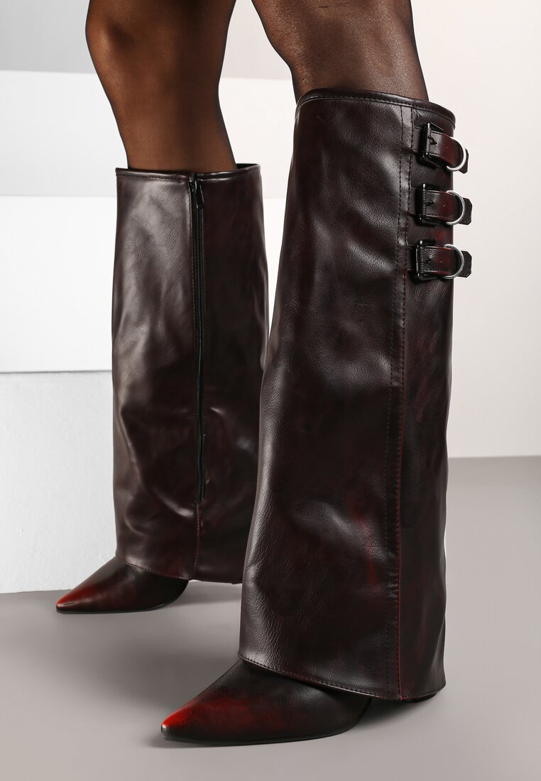 Cizme Bordo pe toc gros cu carâmb răsfrânt, catarame și curele Renniel