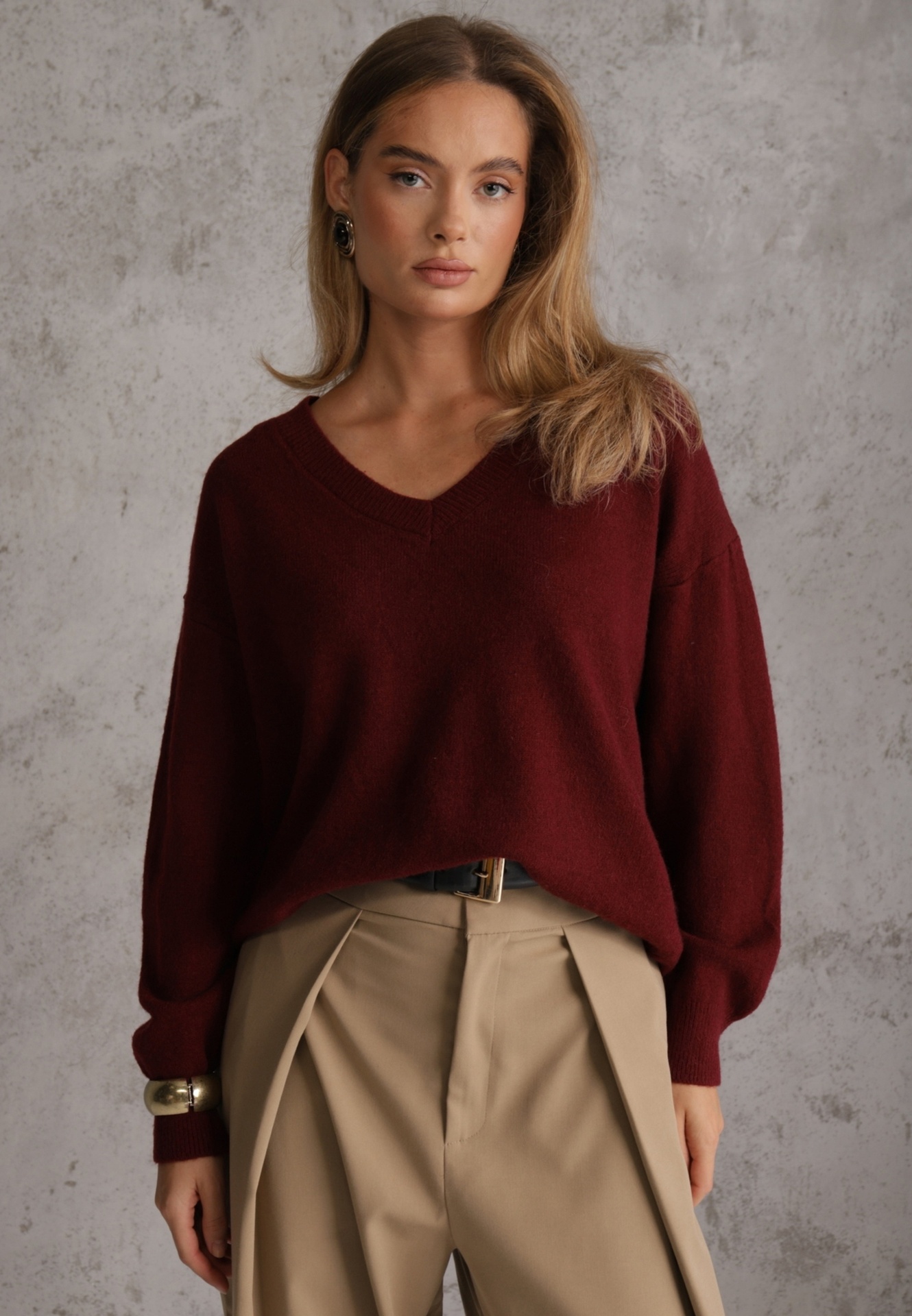 Pulover Bordo Simplu cu Bumbac Oversize Conime