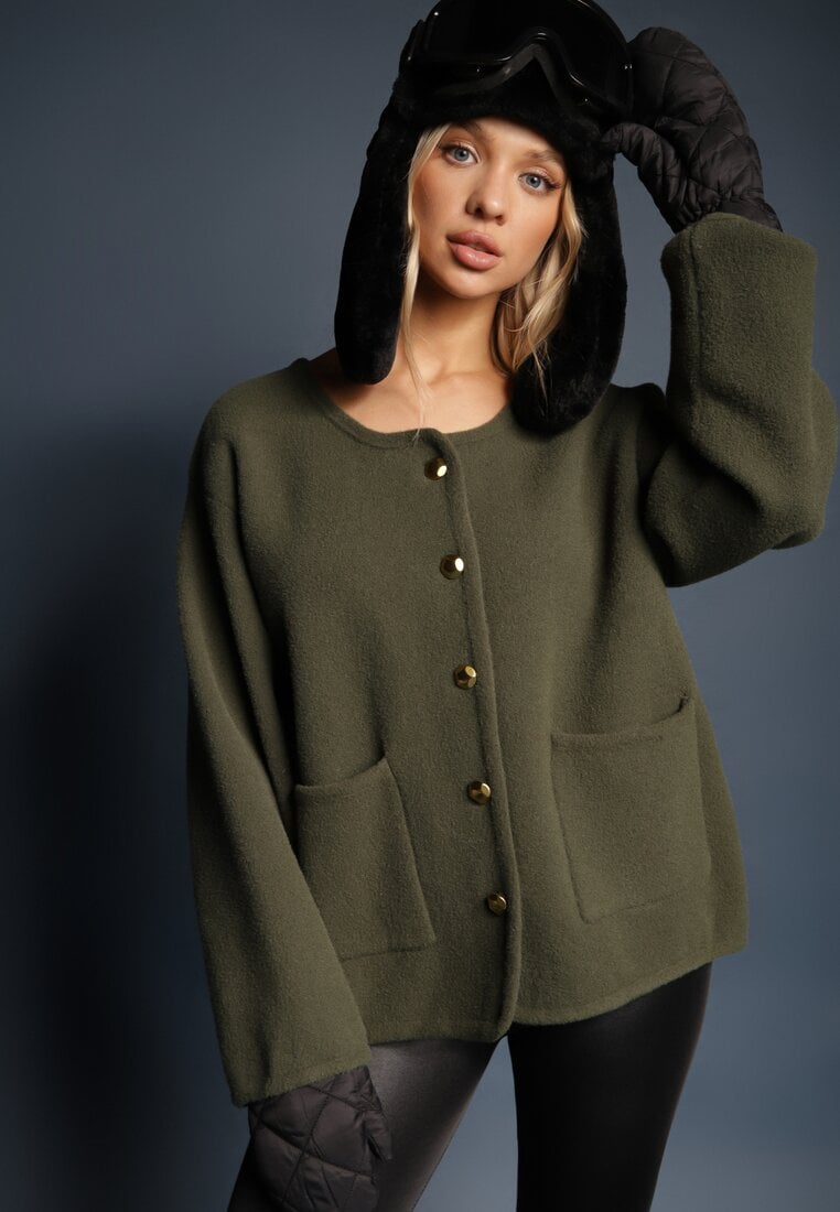Cardigan Verde cu Viscoză cu Nasturi Fannith