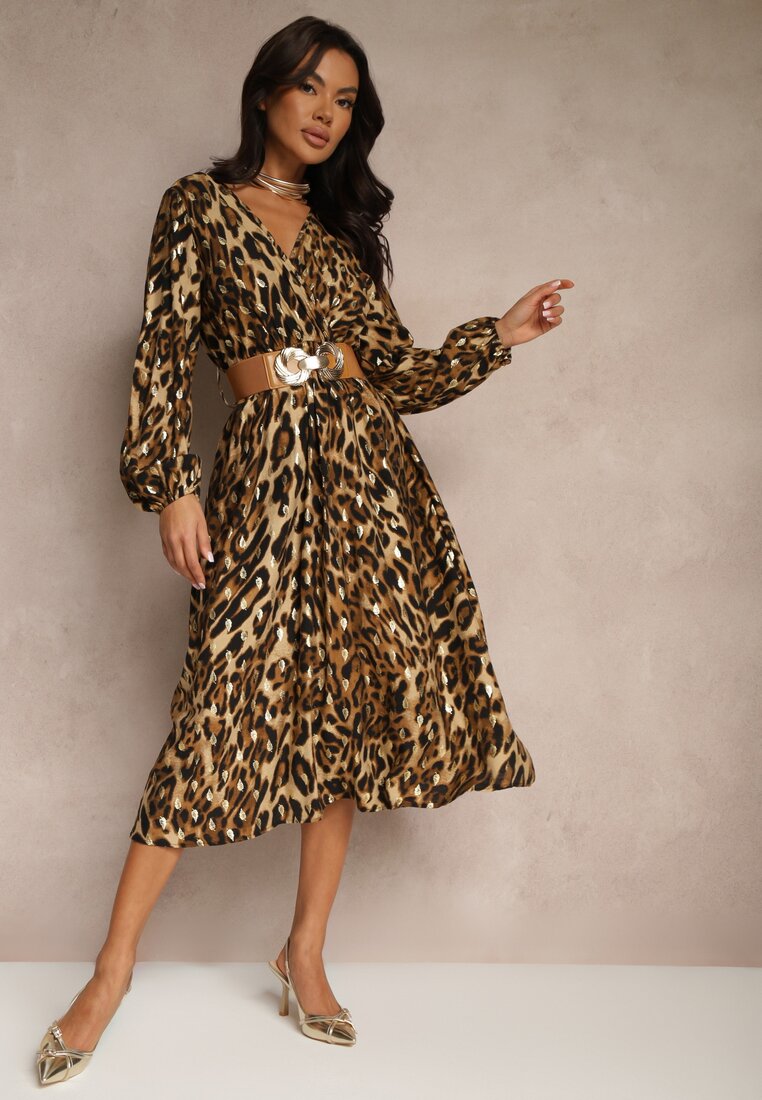 Rochie Maro din Viscoză cu croi petrecut, cu curea și elastic în talie, cu imprimeu leopard Hannira