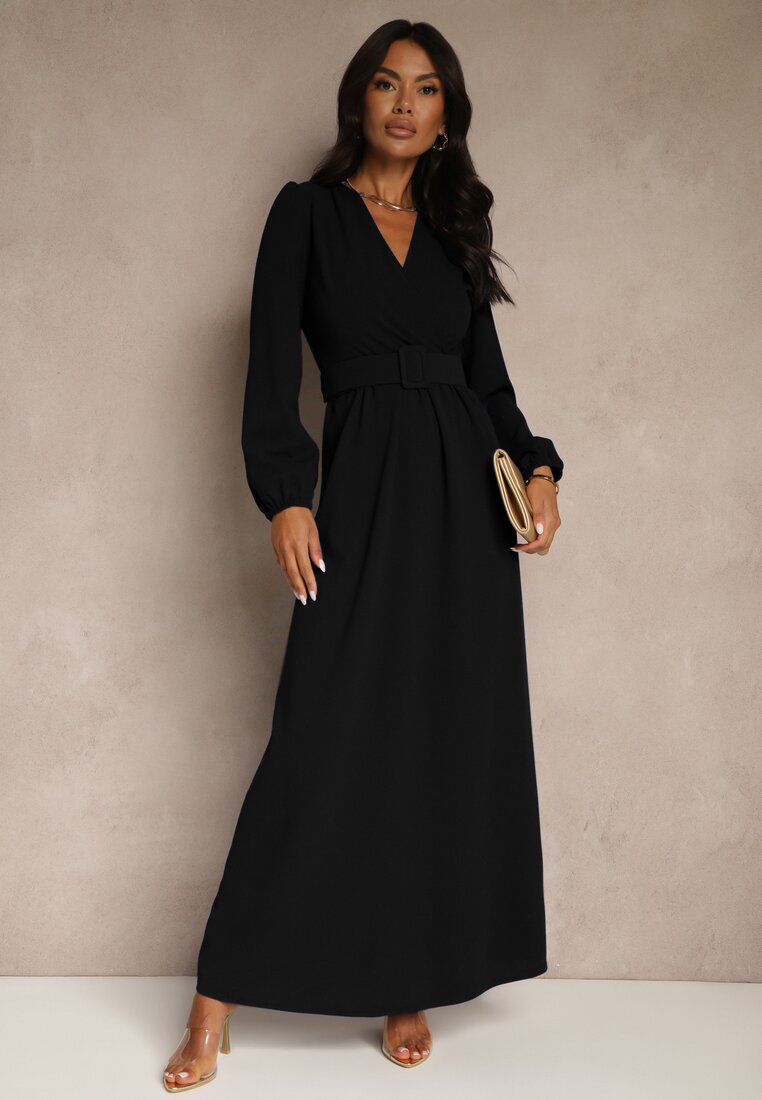 Rochie de cocktail Neagră cu croială evazată și curea decorativă Feliera