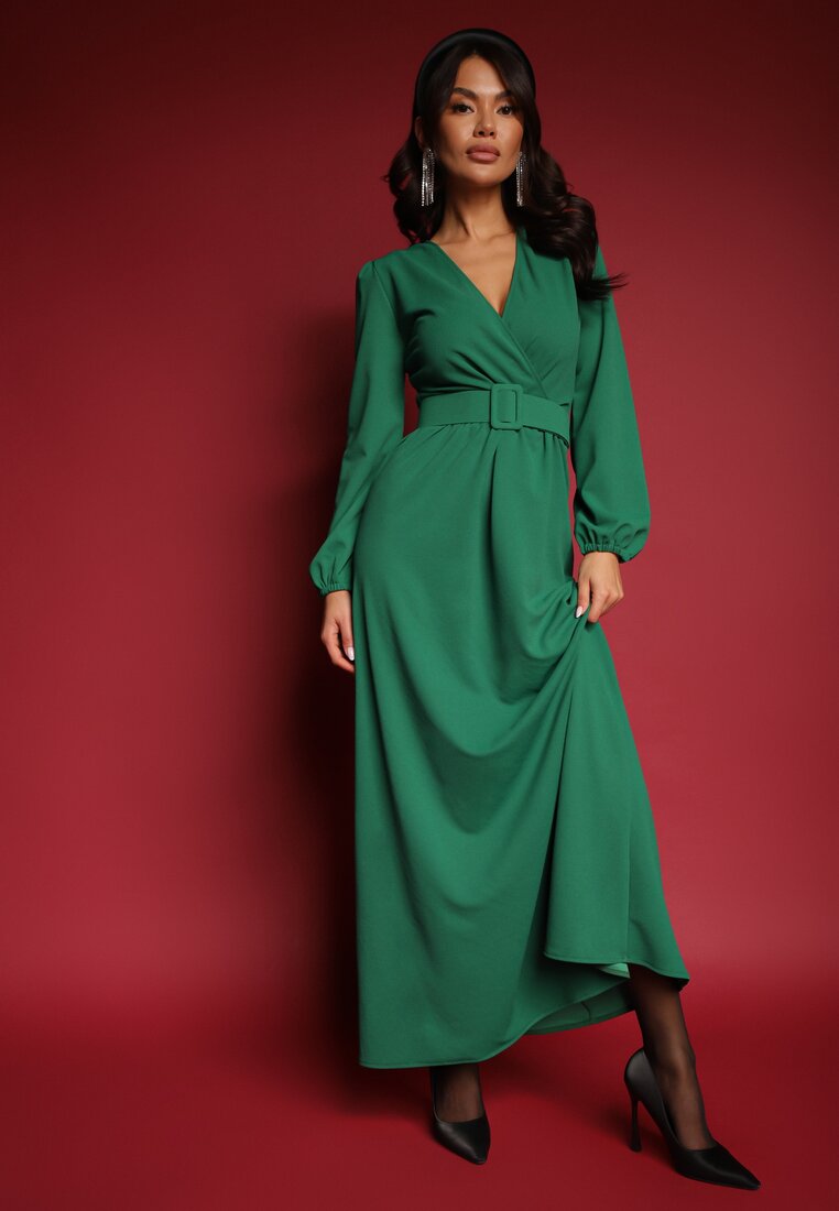 Rochie Verde de Cocktail cu croi Cloș cu Curea Decorativă Feliera