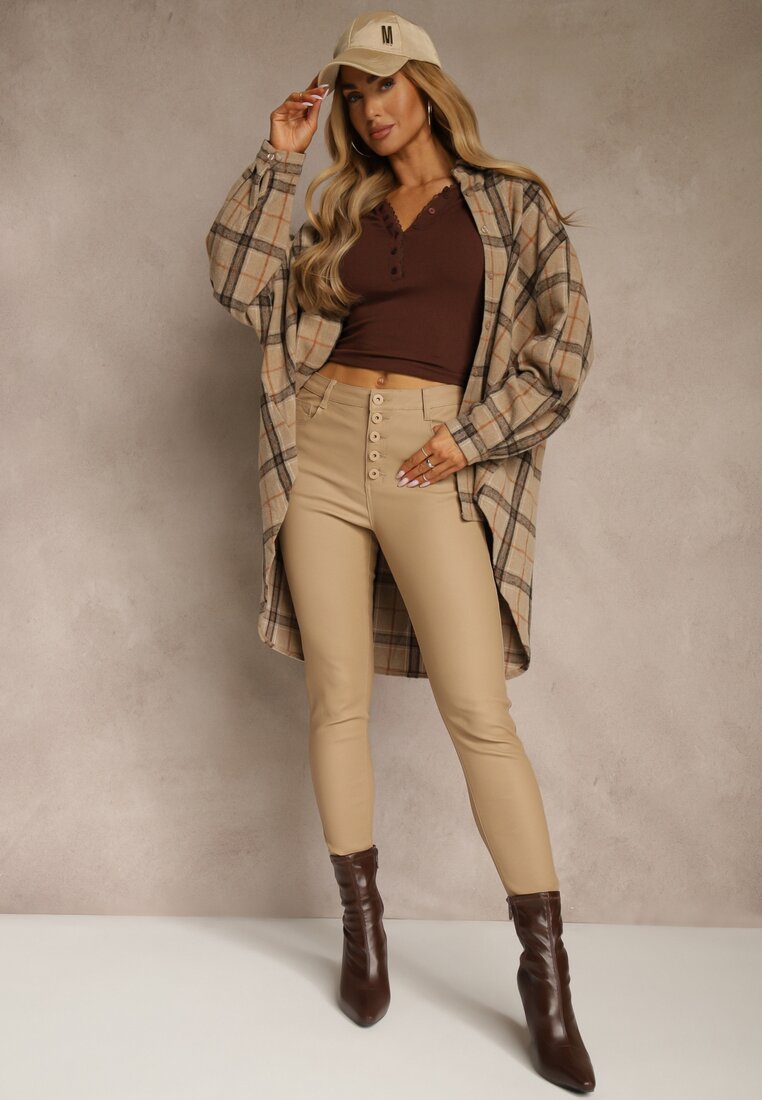 Pantaloni bej închis modelatori din piele ecologică cu croială Skinny Caetana