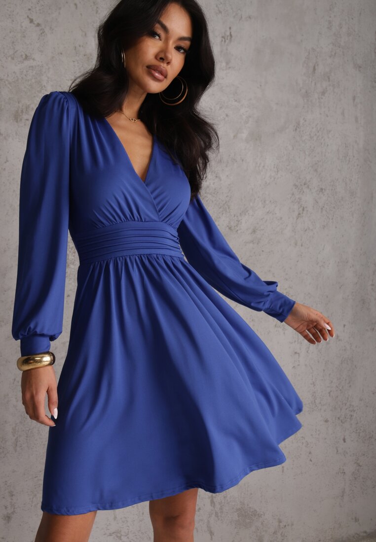 Rochie Albastră din Viscoză cu Croială Cloș Selaitea