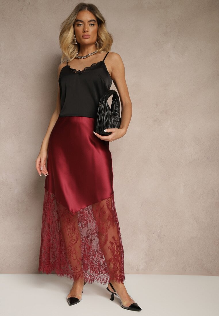Fustă De Cocktail Bordo din Satin cu Dantelă Avelori