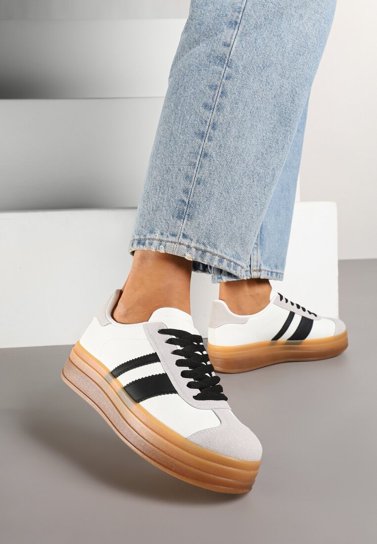 Sneakers Alb-Negru pe Talpă Plată cu Benzi Decorative Velali