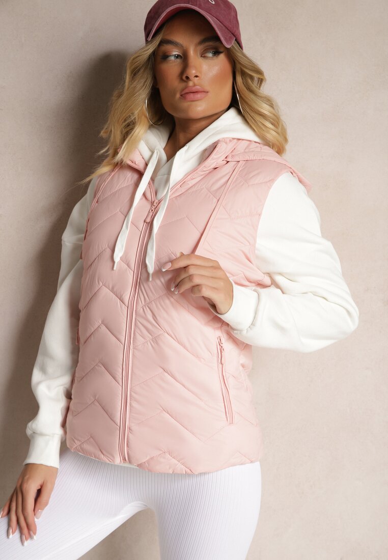 Vestă Roză cu Glugă Detașabilă, Decorată cu Model Matlasat Saritha