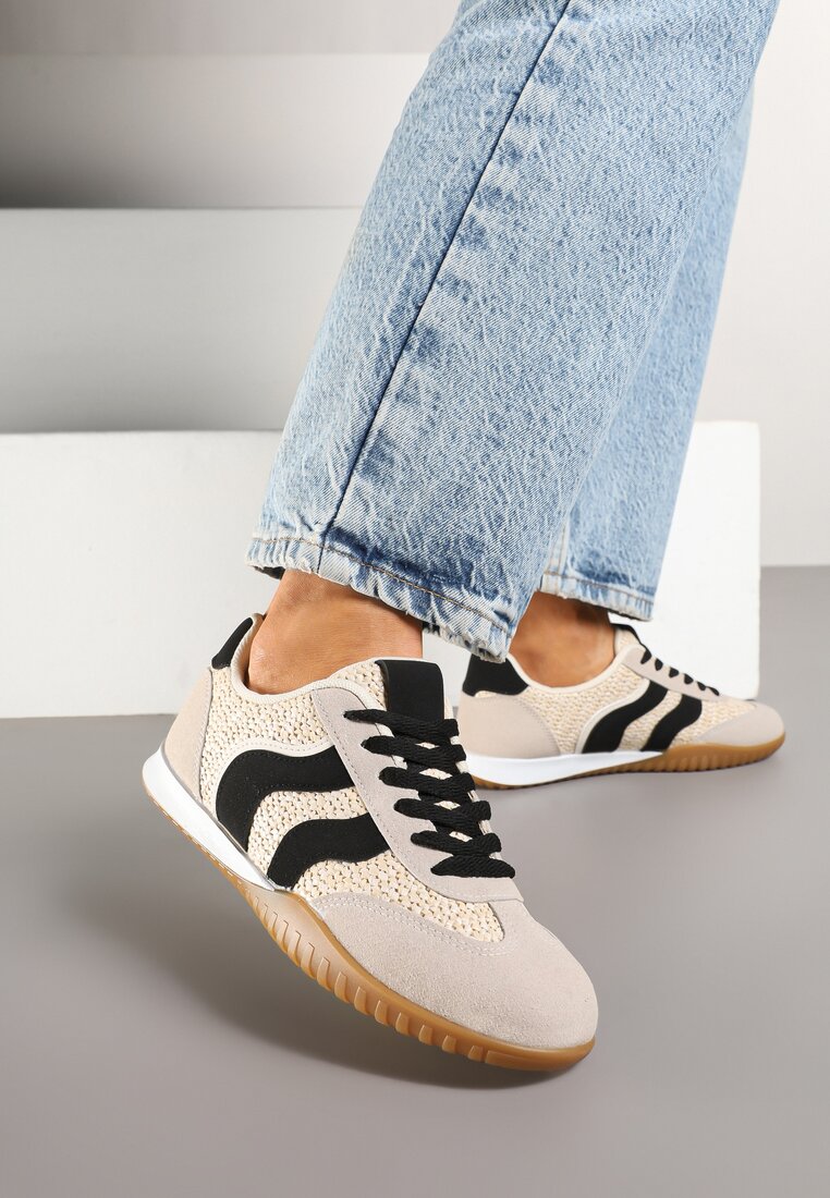 Adidași bej și negri cu împletitură decorativă din rafie Morloris