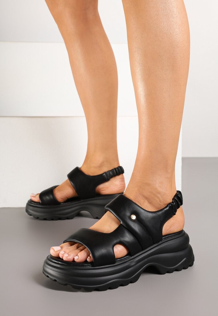 Sandale Negre Tip Chunky cu Talpă Împrimată Saneora
