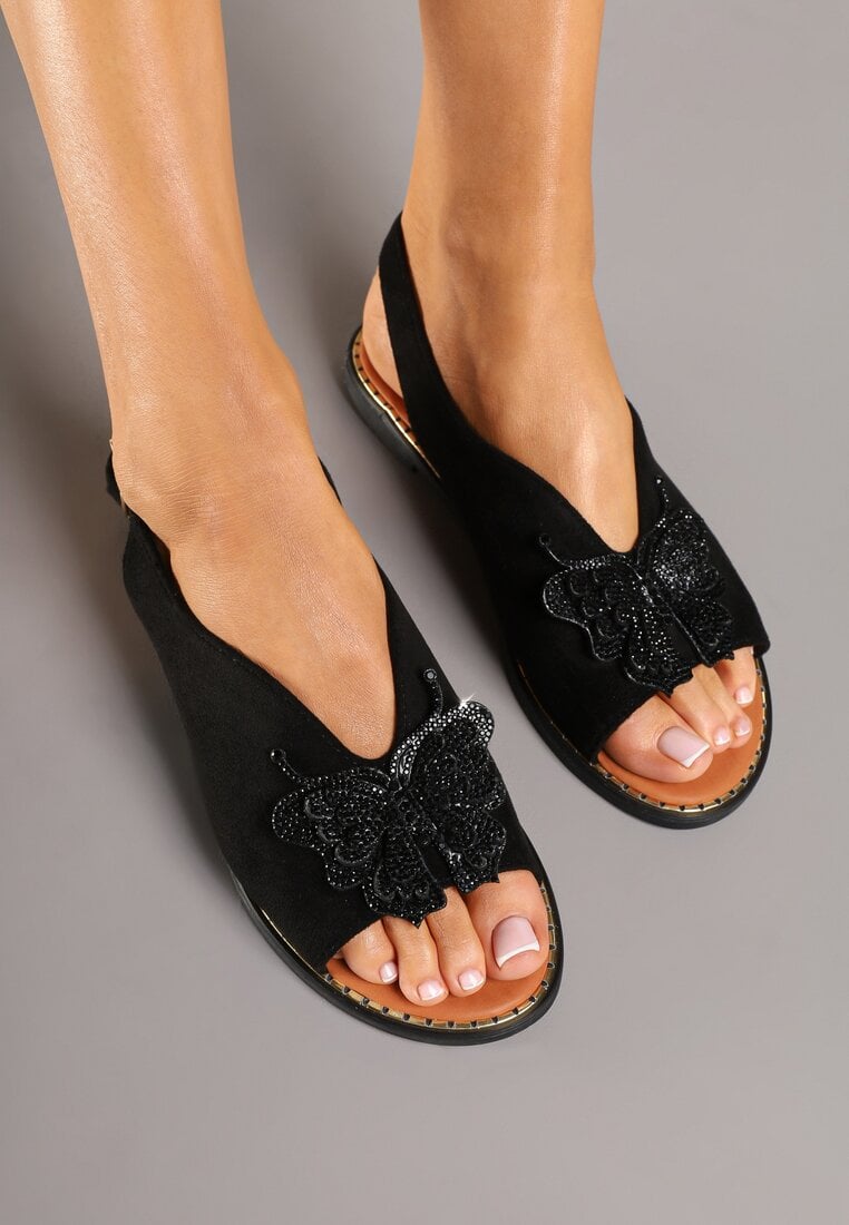 Sandale Negre din Ecovelur Decorate cu Zirconii și aplicație cu Fluture Falevelith