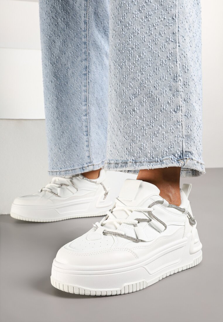 Adidași Albi pe Platformă cu Curea cu Zirconii Aneolin