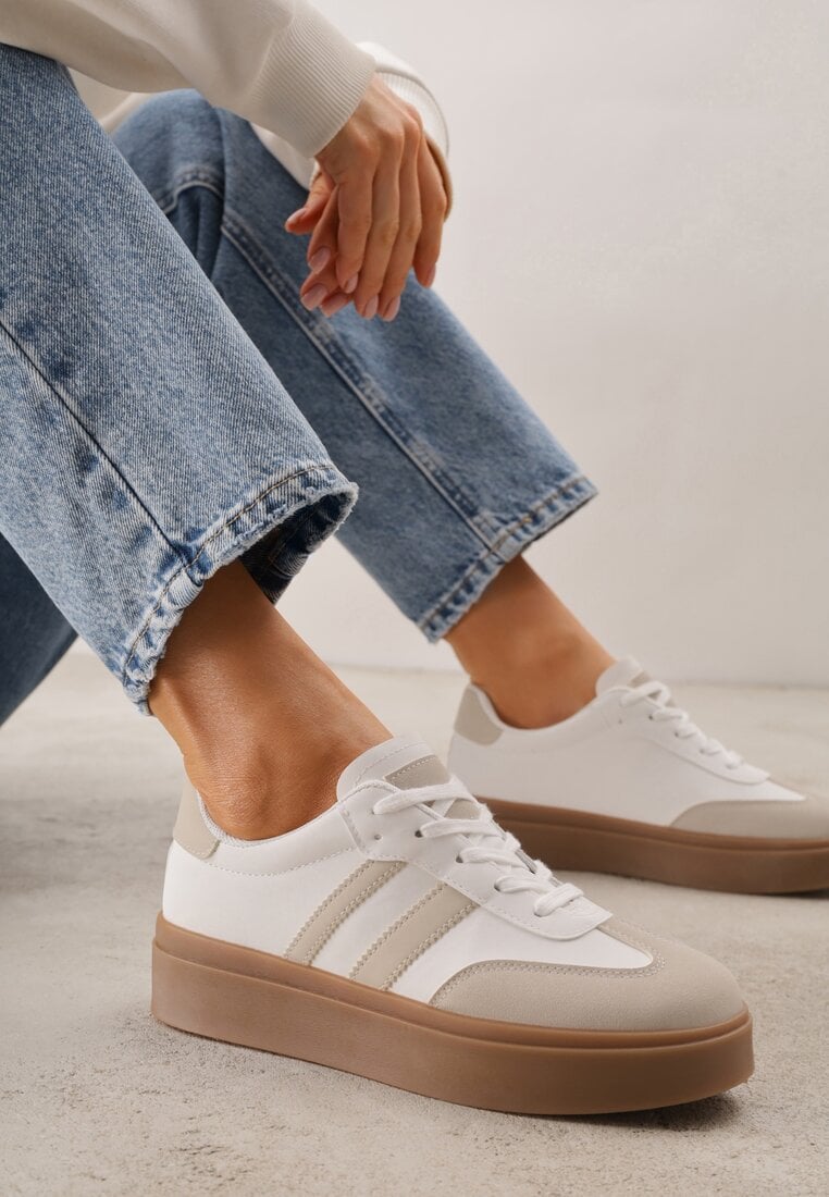 Sneakers Tenisi Bej și Alb Decorate cu Benzi Sovresia