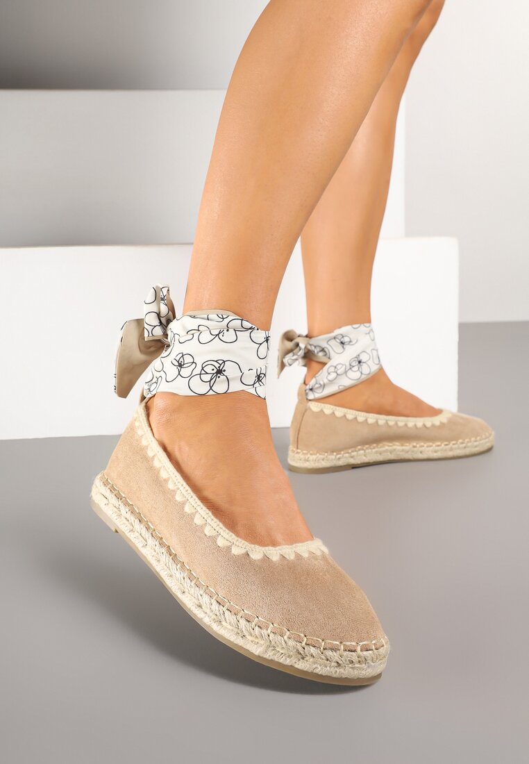 Espadrile Bej închis cu Legătură Modelată la Gleznă Decorate cu Împletitură Lortevia