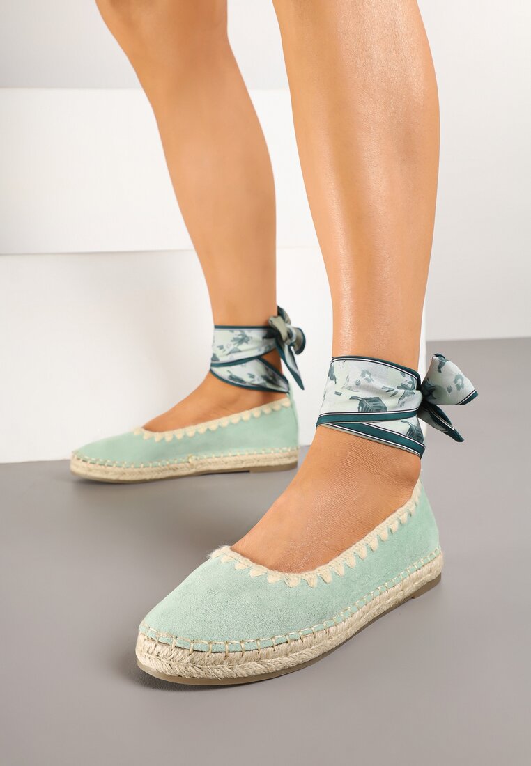 Espadrile Verde Deschis cu Legătură cu Imprimeu la Gleză Decorate cu Împletitură Lortevia