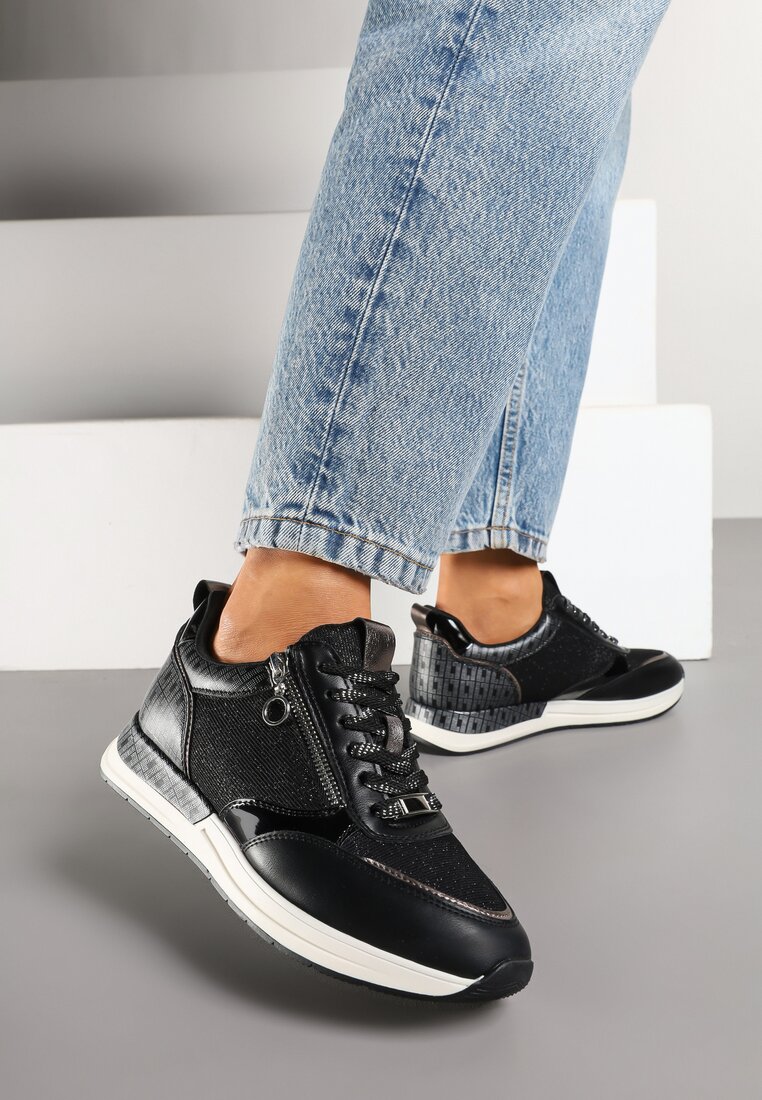 Adidași negri cu branț din piele naturală decorați cu fermoar Fihanor