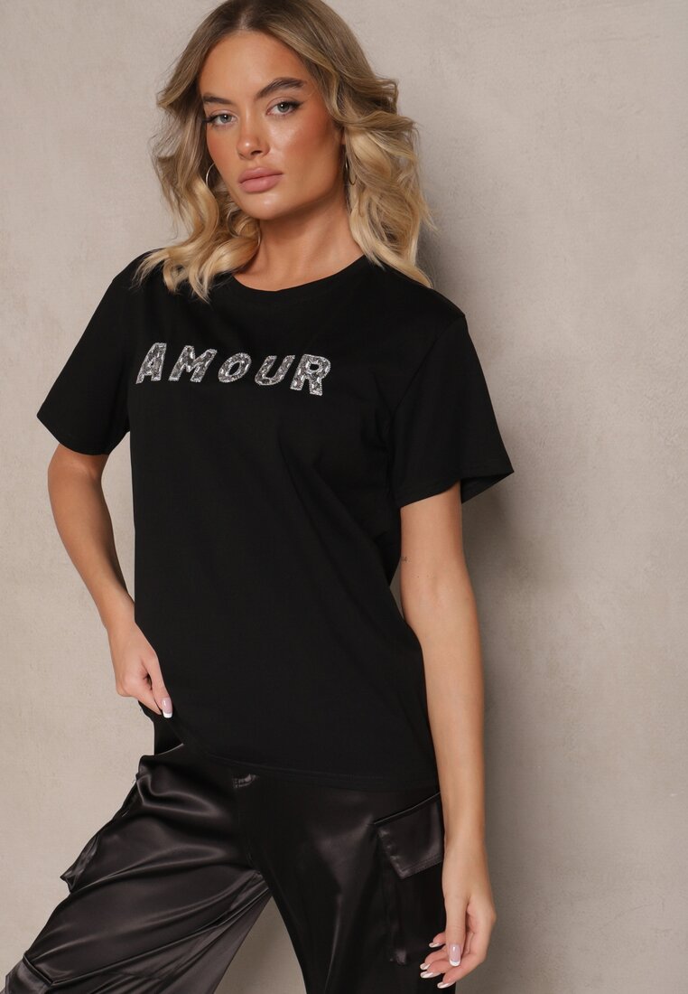 T-shirt negru din bumbac decorat cu inscripție brodată cu paiete Marisiana