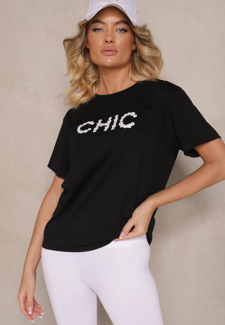 Tricou Negru din Bumbac Decorat cu Perle și cu Textul Naloreth