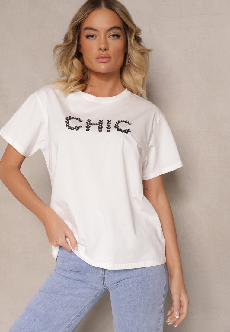 Tricou alb din Bumbac Decorat cu Perle și cu Textul Naloreth