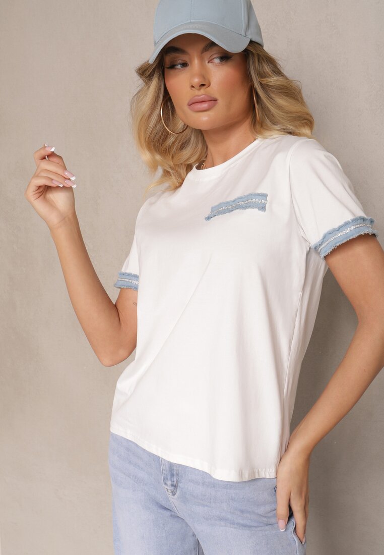 Bluză Albă Oversize din Bumbac cu Mânecă Scurtă și Borduri Decorative Calnil