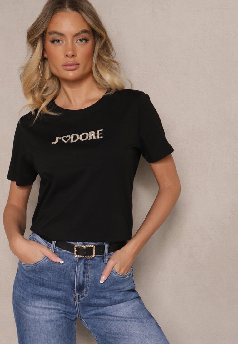 Tricou Negru de Bumbac Decorat cu Inscripția Nalaviraen