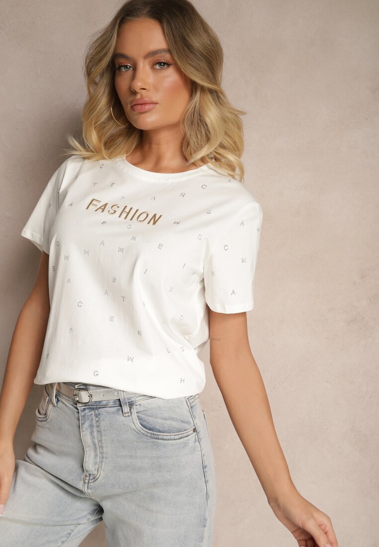 Tricou Alb din bumbac decorat cu inscripție și cu zirconii Nalavenna