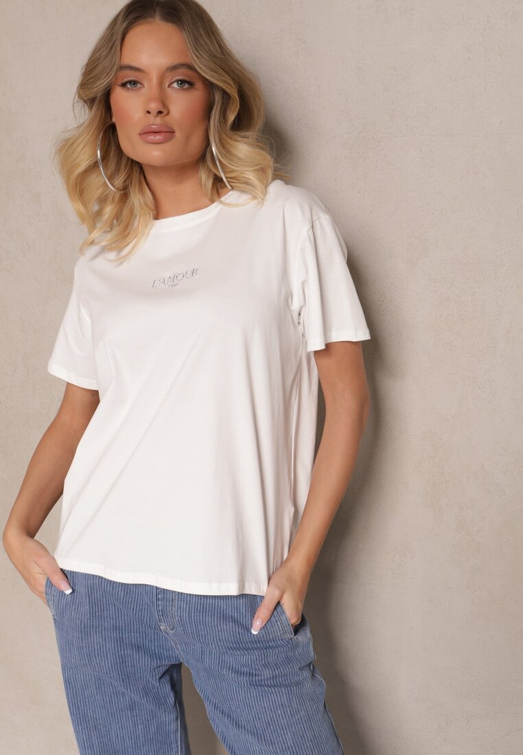 T-shirt Alb din Bumbac Decorat cu Inscripție Marivorra