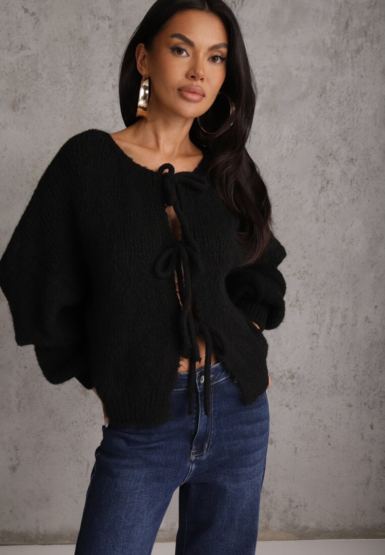Cardigan Negru din Lână Croi Oversize cu Funde Legate Elearina