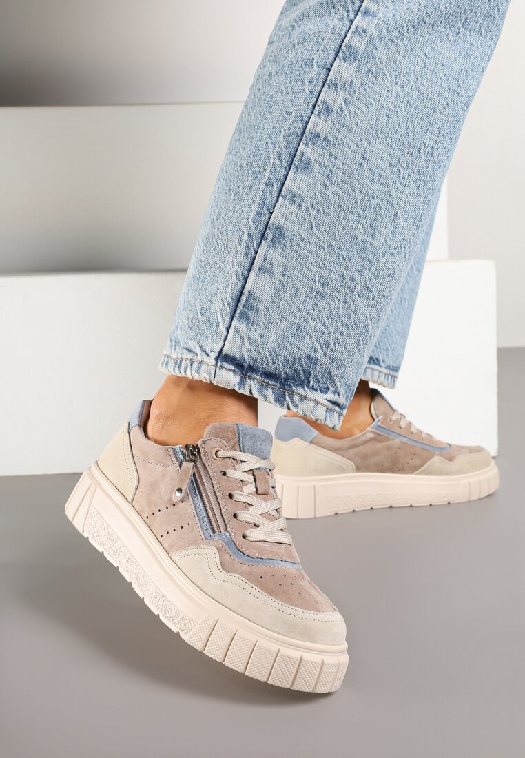 Sneakers Bej-Albastru Streetwear din Piele Naturală cu Fermoar Decorativ Eleavenna
