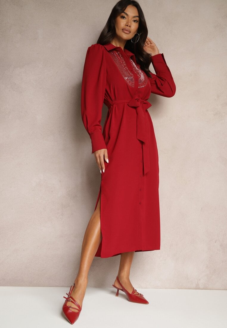 Rochie tip cămașă bordo decorată cu mărgele, paiete și curea Tidanis