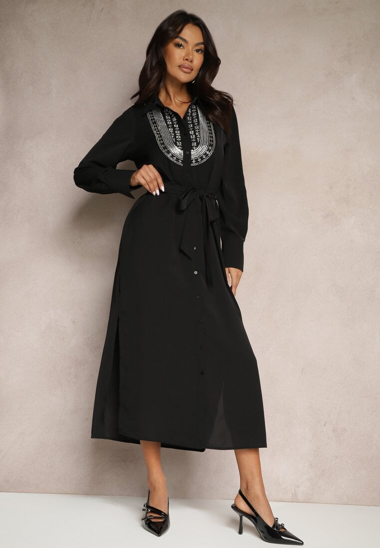 Rochie neagră tip cămașă decorată cu mărgele, paiete și curea Tidanis