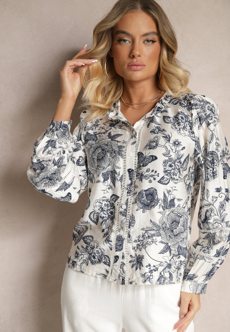 Cămașă Alb-Bleumarin din Viscoză cu Imprimeu Floral și Mâneci Bufante Hanistrae