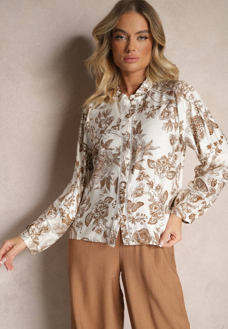 Cămașă Bej din Vâscoză cu Imprimeu Floral cu Mâneci Bufante Hanistrae