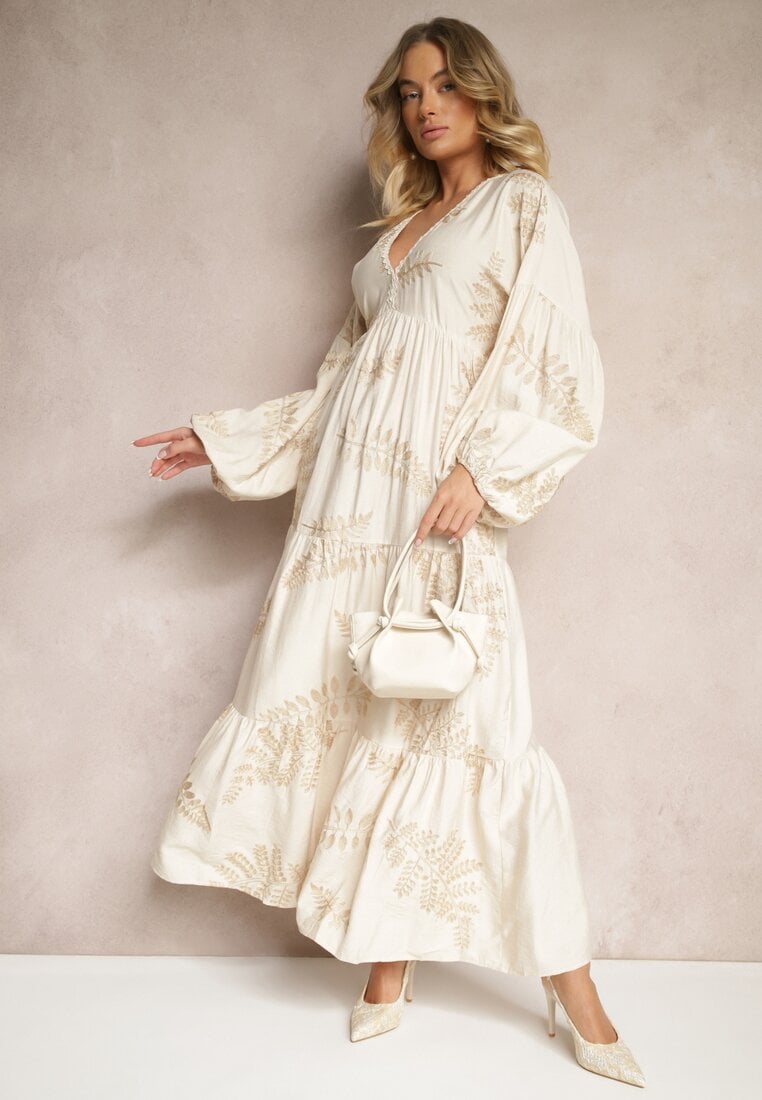 Rochie Bej din Viscoză Decorată cu Broderie Metalică Nalainor