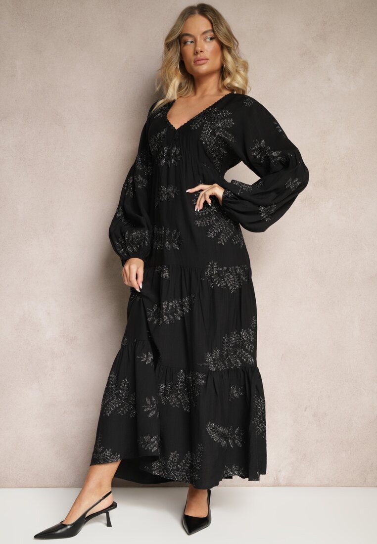 Rochie Neagră din Viscoză Decorată cu Broderie Metalică Nalainor