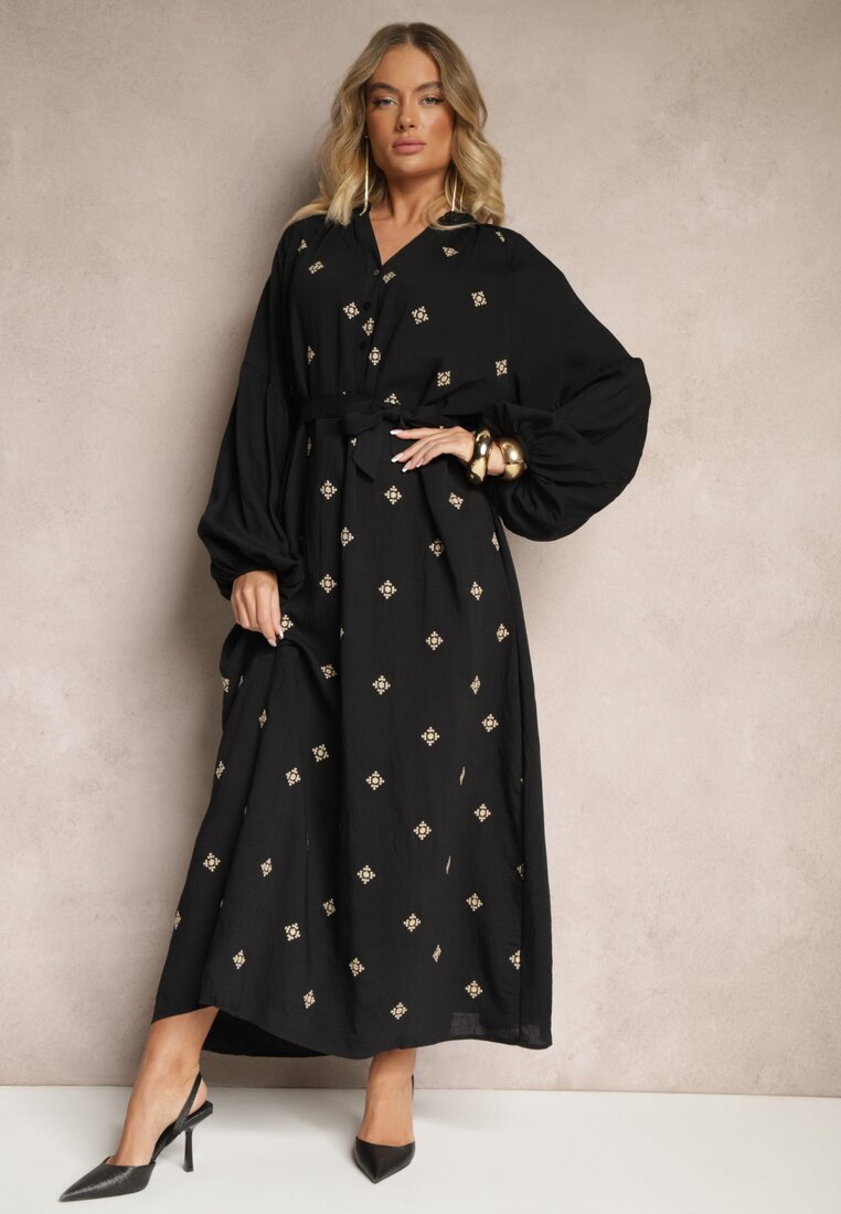 Rochie Neagră din Vâscoză cu Croi Oversize cu Broderie Decorativă Naleniel