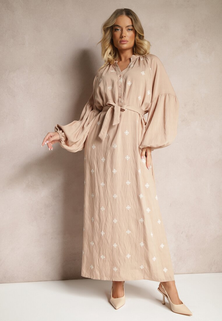 Rochie bej din viscoză croi oversize cu broderie decorativă Naleniel