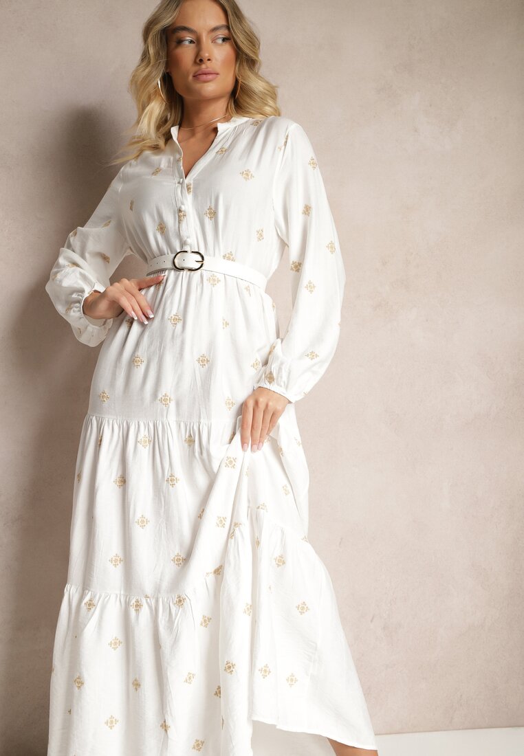 Rochie Cloș Din Viscoză Albă Decorată Cu Broderie Nalorwen