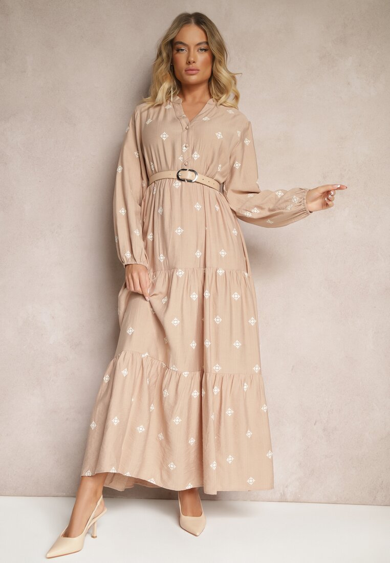 Rochie bej vâscoză evazată decorată cu broderie Nalorwen