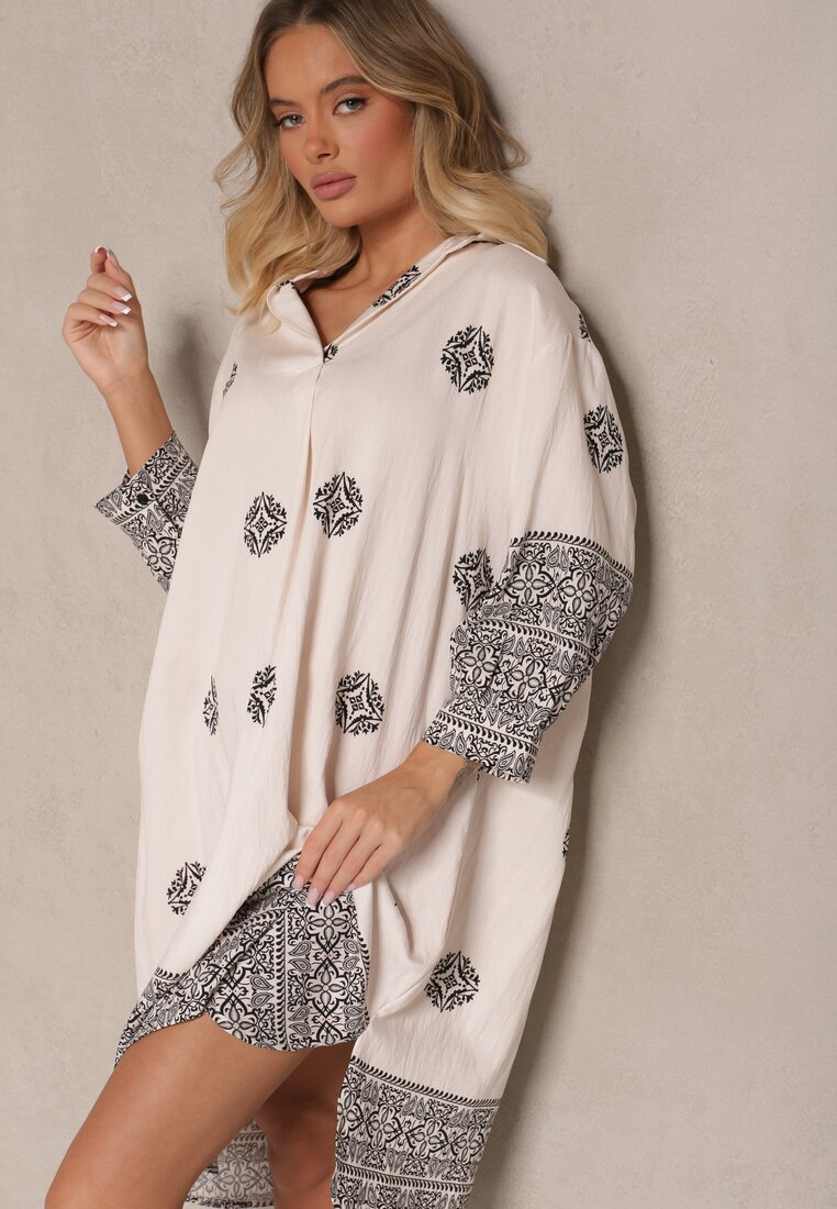 Rochie Bejă din Viscoză cu Model Abstract Nalalith