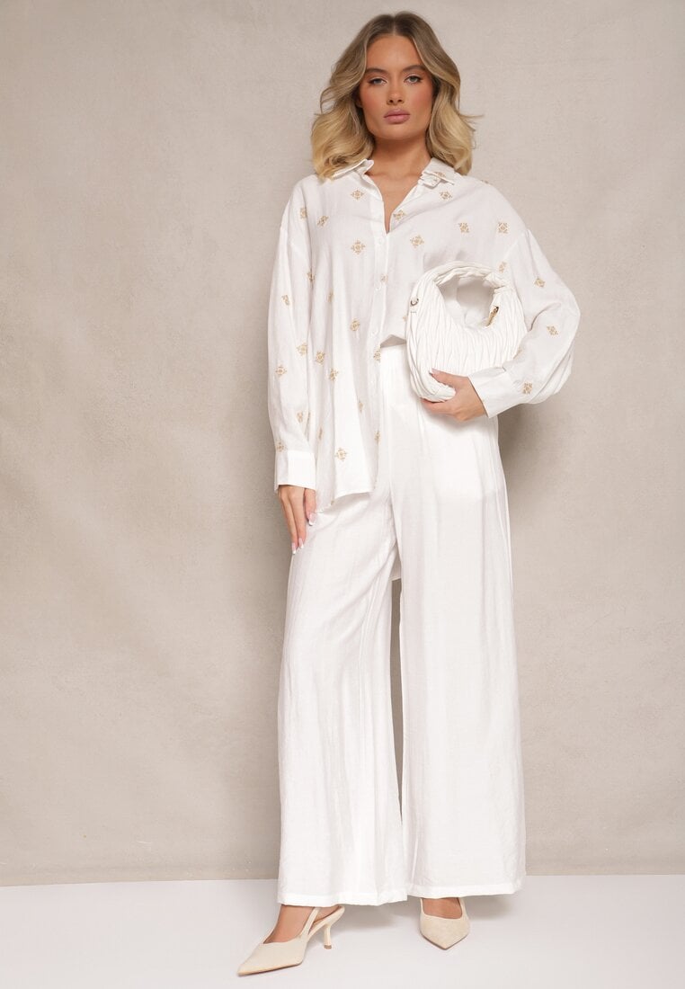 Set Alb din Viscoză Cămașă Decorată cu Broderie și Pantaloni Largi Hanarella